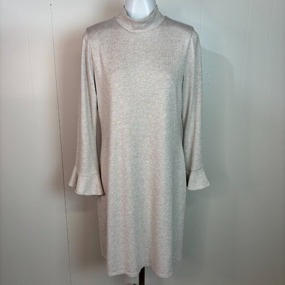 White House Black Market Dress Medium Cream Silver Metallic Mock Neck Knit - Picture 1 of 11